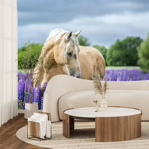 Papier peint  Cheval au milieu des fleurs mauves