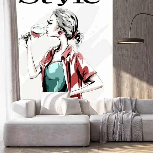 Sticker  Belle jeune femme avec un verre de vin. Femme mignonne dessinés à la main en vêtements de mode. Dame blonde élégante cheveux potable. Esquisser.