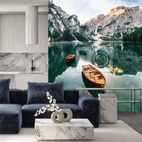 Papier peint  Bateau, lac et montagnes, paysage