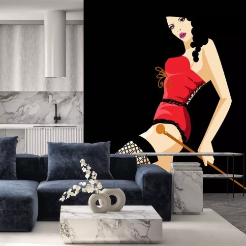 Sticker  Danseuse de cabaret dans un rouge. Affiche de vecteur rétro