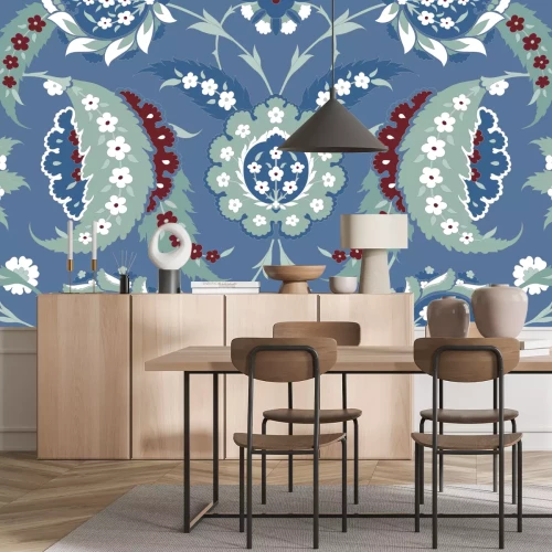 Papier peint  Fleurs orientales sur fond bleu