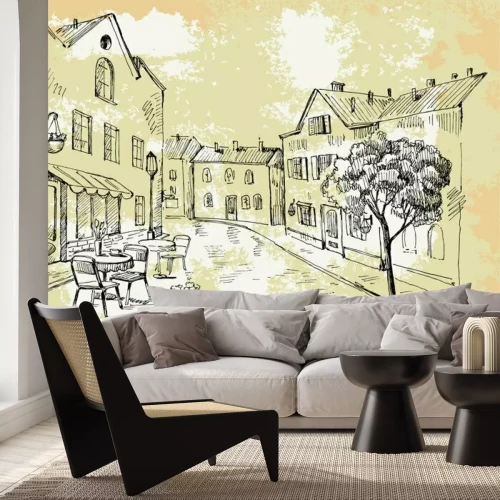 Papier peint  Rue dessinée avec un café et un arbre