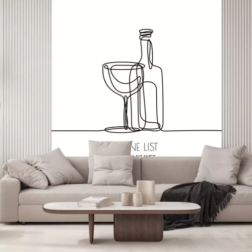Sticker  Dessin au trait continu. Vector illustration noire linéaire de bouteille de vin et de verre isolé sur fond blanc. Éléments de conception et de design pour la carte des vins, le menu, l'étiquette.