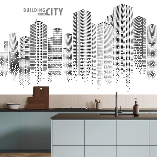 Sticker  Vecteur de ville abstraite, paysage de ville transparente, bâtiment de points dans la ville de nuit