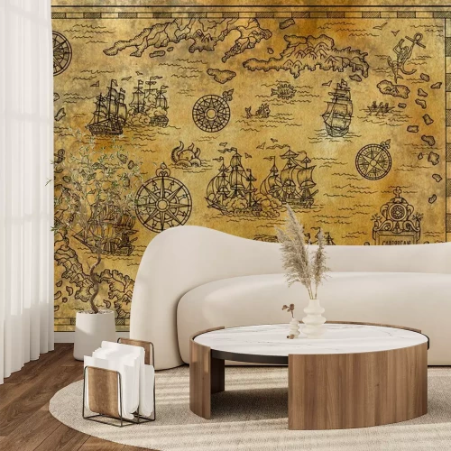 Papier peint  Carte nautique rétro avec bateaux et motifs fantastiques