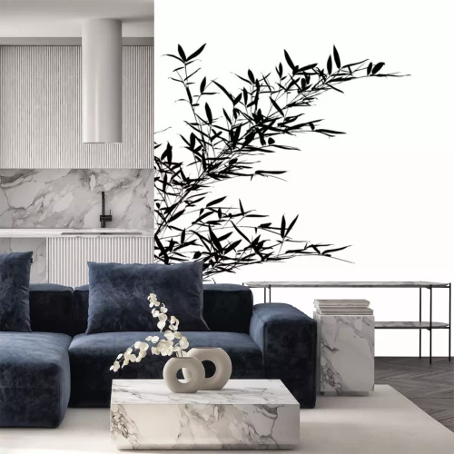 Papier peint  Feuilles de bambou noires sur fond blanc