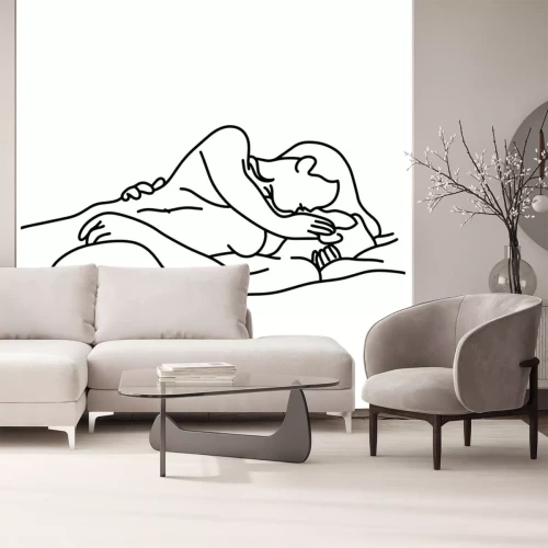 Sticker  contour couple nu embrasser sur lit vector illustration croquis main dessiné avec des lignes noires, isolé sur ...