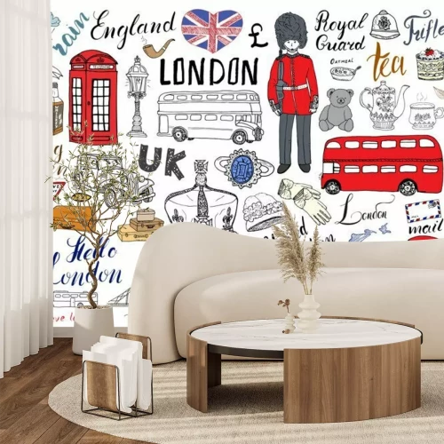 Sticker  London city doodles collection d'éléments. Ensemble dessiné à la main avec, pont de la tour, couronne, big ben, garde royale, bus rouge et taxi, UK carte et drapeau, pot de thé, lettrage, illustration