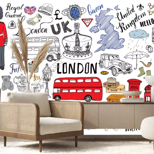 Sticker  London city doodles collection d'éléments. Ensemble dessiné à la main avec, pont de la tour, couronne, big ben, garde royale, bus rouge et taxi, UK carte et drapeau, pot de thé, lettrage, illustration