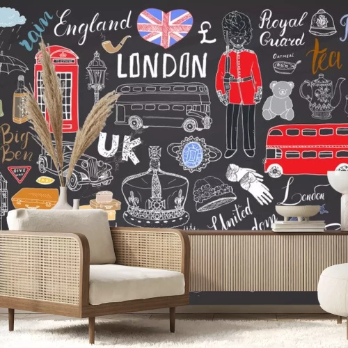 Sticker  London city doodles collection d'éléments. Ensemble dessiné à la main avec, pont de la tour, couronne, big ben, garde royale, bus rouge et taxi, UK carte et drapeau, pot de thé, lettrage, illustration