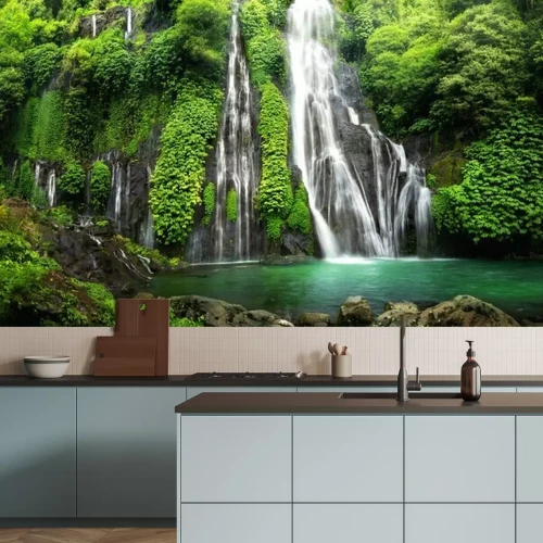 Papier peint  Une cascade de jungle tombant sur des rochers moussus