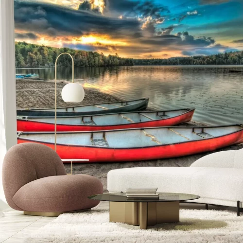 Papier peint  Trois canots bord d'un lac