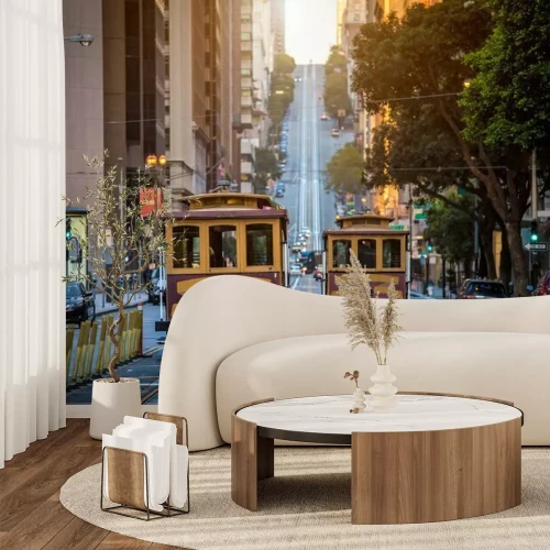 Papier peint  San Francisco Cable Cars sur California Street au lever du soleil, en Californie, États-Unis