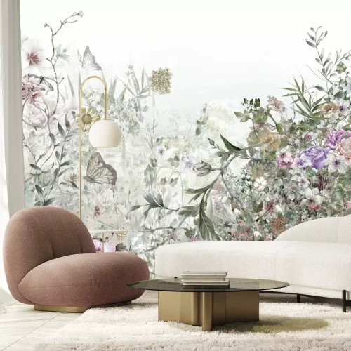 Papier peint  Aquarelle de feuilles et de fleurs, sur fond blanc