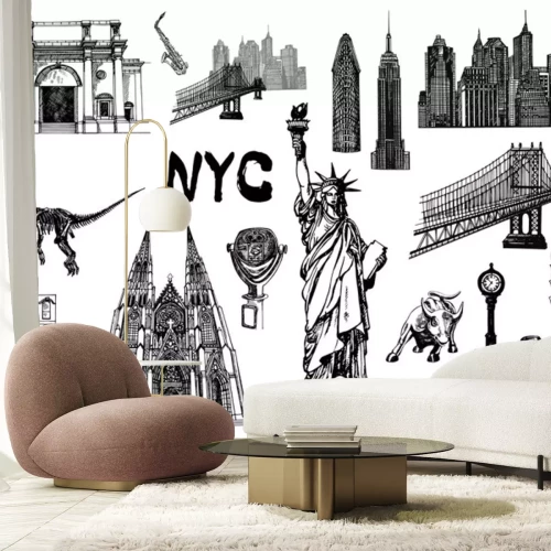Sticker  Set of hand drawn sketch style New York themed isolated objects. Vector illustration.