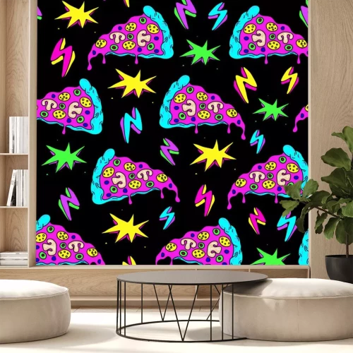 Sticker  Crazy space alien pizza attack seamless pattern with pizza slices, lightning strikes, and colorful explosions. Black background.
