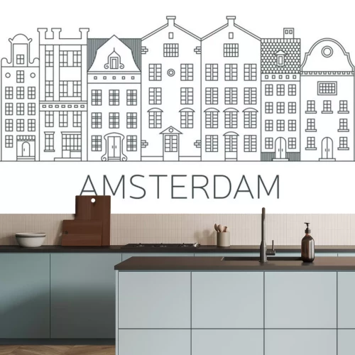 Sticker  Banner of Amsterdam city in flat line style. 