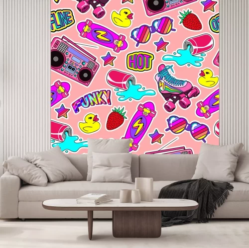 Sticker  Seamless pattern with colorful elements: skateboard, sunglasses, boombox, rubber duck, vintage roller blades, spilling soda can, rainbow stars, funky patches, strawberries, etc. 80s comic style.