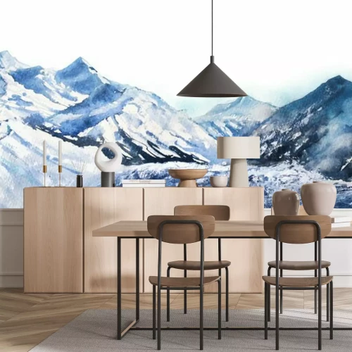 Sticker  Mountain winter snow peak watercolor in blue tone on white background