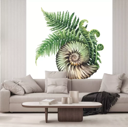 Sticker  Prehistoric watercolor seashell and fern branches
