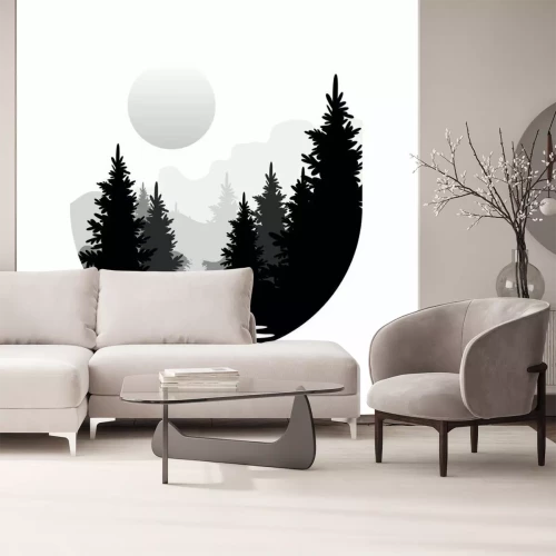 Sticker  Dessin noir et blanc forêt et soleil