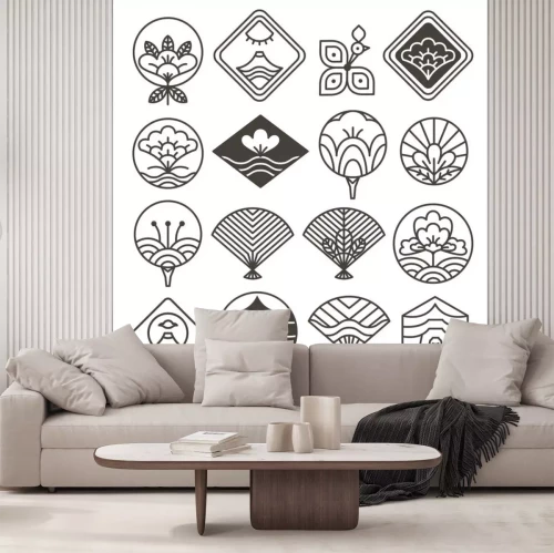 Sticker  Japanese Monochrome Icons Set with Ethnic Motifs