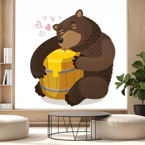 Sticker  Happy bear hugs wooden barrel of honey. Cartoon vector illustration