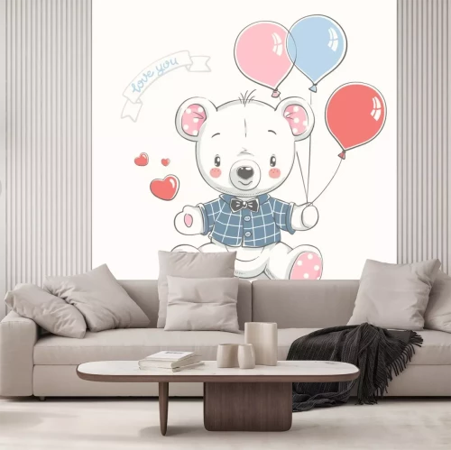 Sticker  Cute little bear with balloons cartoon hand drawn vector illustration. Can be used for baby t-shirt print, fashion print design, kids wear, baby shower celebration, greeting and invitation card.