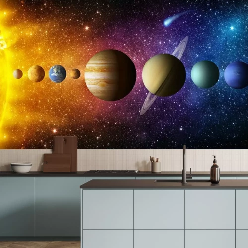 Papier peint  Solar system planet, comet, sun and star. Elements of this image furnished by NASA. Sun, mercury, Venus, planet earth, Mars, Jupiter, Saturn, Uranus, Neptune.  Science and education background.