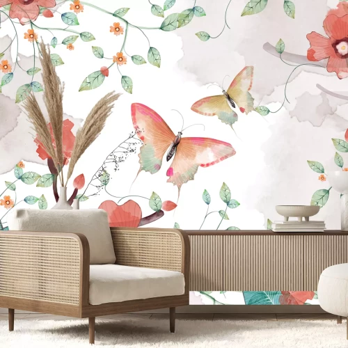 Papier peint  Motif romantique avec des papillons