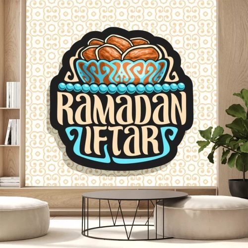 Sticker  Logo vectoriel pour Ramadan Iftar, signe noir avec pile de nourriture à jeun islamique - dattes séchées dans un bol en bronze ancien et perles de prière bleues ou chapelet musulman, police originale p