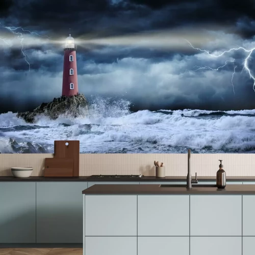 Papier peint  Le phare et la mer déchaînée