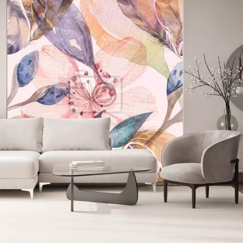 Papier peint  Feuilles et plumes colorées façon aquarelle