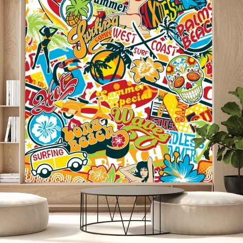 Sticker  autocollants de plage de surf été vintage patchwork vecteur de fond d'écran de patchwork
