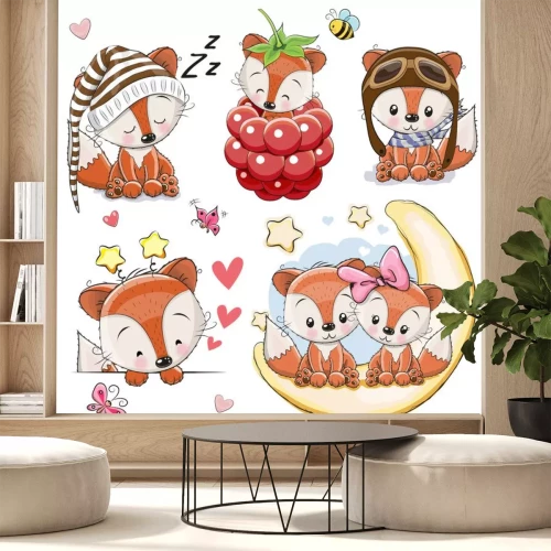 Sticker  Ensemble de renards de dessin animé sur fond blanc