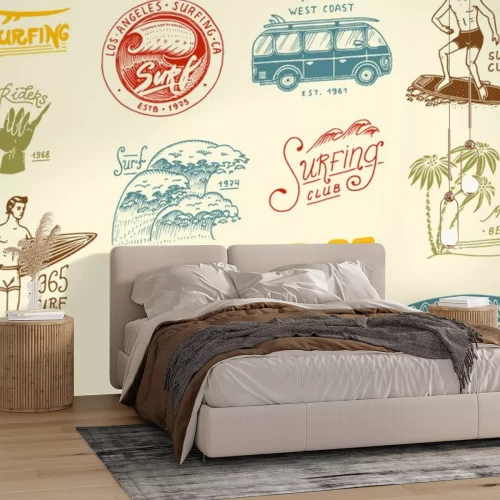 Sticker  Insigne de surf et vague, palmier et océan. les tropiques et la californie. homme sur la planche de surf, l'été sur la plage et la mer. emblème gravé dessinés à la main. Bannière ou affiche sports à H