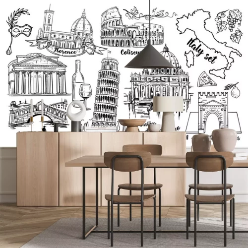Sticker  Ensemble de croquis de Vector Landmark Vector. Colisée, ponts Venise, tour Pise, Vatican, Rimini, arche Augustus, Santa Maria del Fiore, Florence