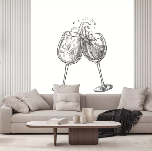 Sticker  Deux verres de vin avec des boissons splash, illustration vectorielle de croquis. Éléments de conception d'étiquettes dessinées