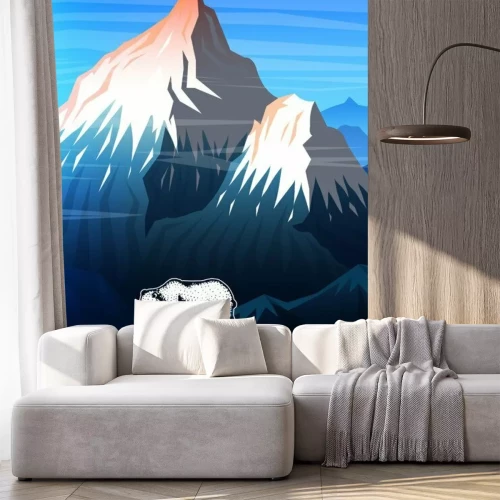 Sticker  Carte ou brochure de Mountains Peaks. Tourisme sur la nature Paysage tôt dans la lumière du jour. Sommets de colline en plein air. Affiche ou arrière-plan. modèle de flyer, couverture de livre et insi