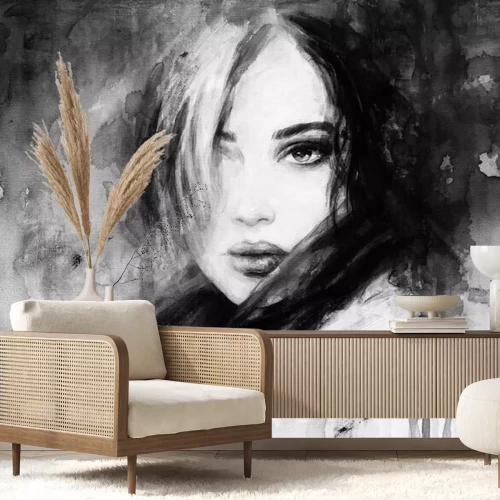 Papier peint  Portrait de femme à l'aquarelle monochrome
