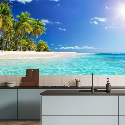 Papier peint  Plage de palmiers et eau turquoise