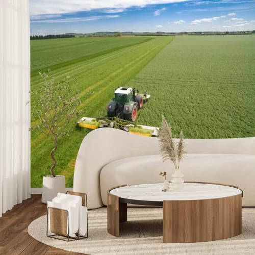 Papier peint  Tracteur moderne travaillant sur le terrain agricole - labour tracteur et semis dans le domaine agricole - vue aérienne - vue de haut haut