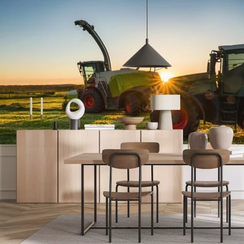 Papier peint  Tracteur travaillant des machines agricoles en journée ensoleillée