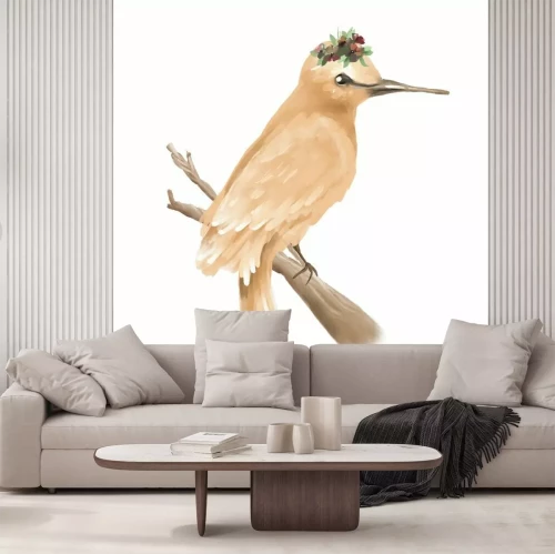 Sticker  Peint à la main, huile texturé bel oiseau sur une branche avec une couronne florale, isolé sur blanc