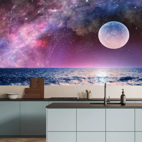 Papier peint  Pleine lune avec ciel étoilé au-dessus de l’océan