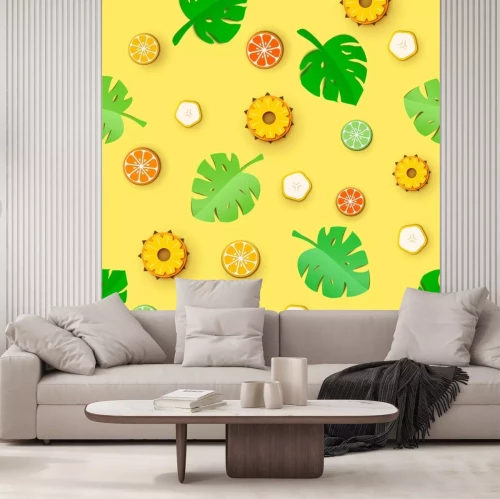 Sticker  Feuilles de jungle et agrumes dans un style de papier d'art. Modèle tropical sans soudure. Forêt tropicale exotique de jungle tropicale feuilles de palmier vert vif et pamplemousse ananas citron citro