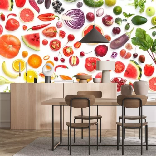 Sticker  modèle de divers légumes frais et fruits isolés sur fond blanc, vue de dessus, plat poser. Composition de la nourriture, concept de saine alimentation. Texture alimentaire