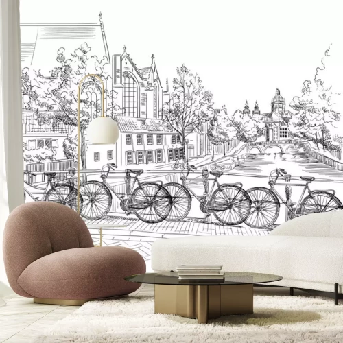 Sticker  Bicyclettes sur le pont sur les canaux d'Amsterdam, Pays-Bas