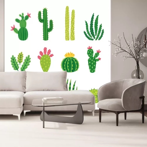 Sticker  Ensemble de vecteur de cactus lumineux, aloès et feuilles. Collection de plantes exotiques. Les éléments naturels décoratifs sont isolés sur blanc. Cactus avec des fleurs.