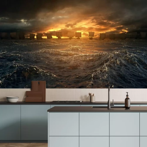 Papier peint  Vikings navires sous la tempête.